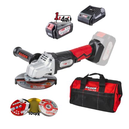RAIDER R20 combo Γωνιακός τροχός με φορτιστή & μπαταρία 4Ah/1h δίσκοι 10τεμ. & τσάντα